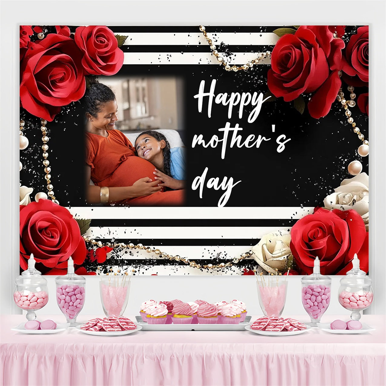 Mothers Day Backdrop Gestreifte Eleganz Rose Personalisierte Backdrop CSH3-196