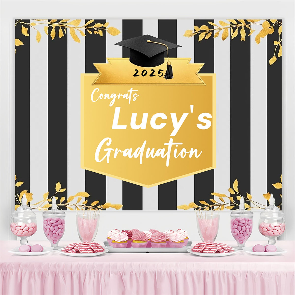 Customized Graduation Backdrop Schwarz-Weiß-Streifen Graduation Party Backdrop CSH3-253