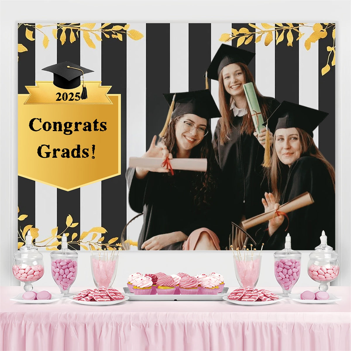 Custom Graduation Backdrop Schwarz gestreift Gold Trim Graduation Backdrop CSH3-254