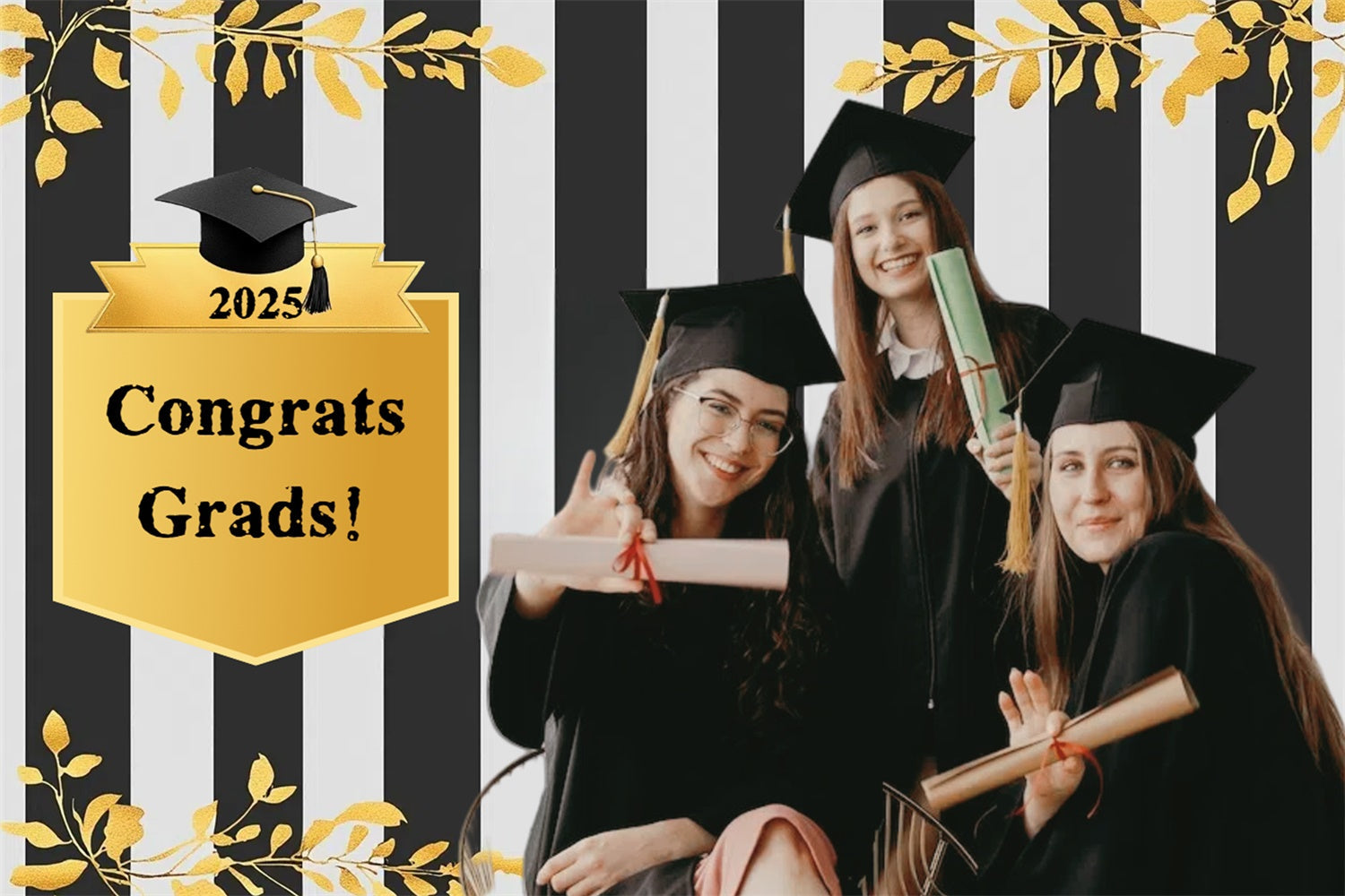 Custom Graduation Backdrop Schwarz gestreift Gold Trim Graduation Backdrop CSH3-254