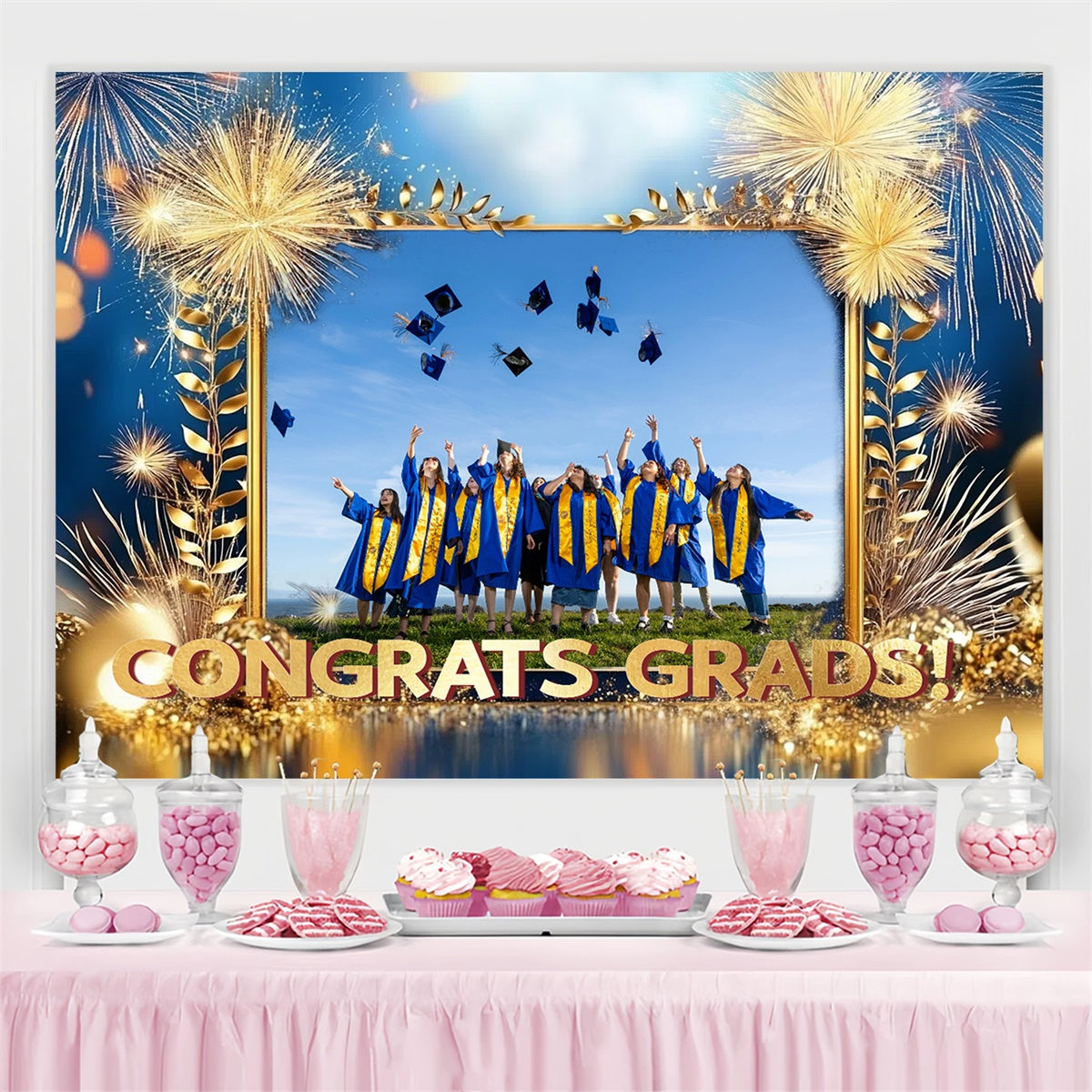 Personalisierte Graduation Backdrops Goldenes Feuerwerk Graduation Party Backdrop CSH3-255