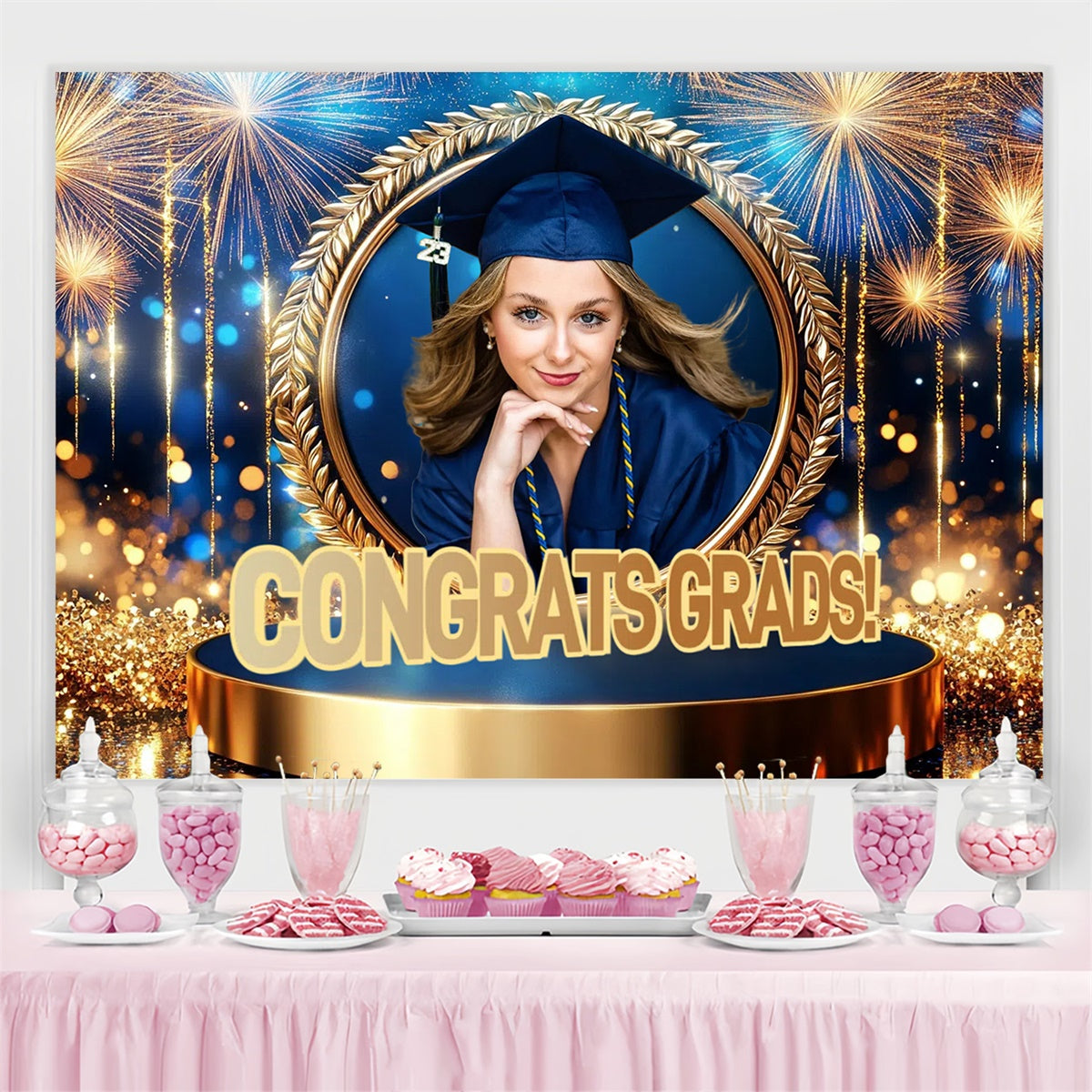 Custom Graduation Backdrops Kreis Rahmen Feuerwerk Graduation Party Backdrop CSH3-256