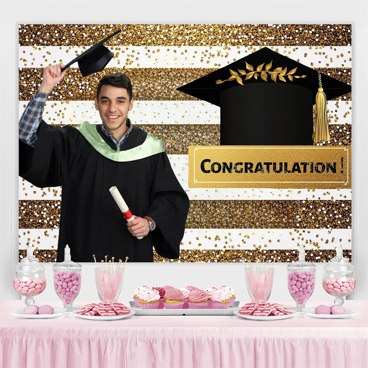 Custom Graduation Backdrop Sparkling Stripe Graduation Party Hintergrund CSH3-270