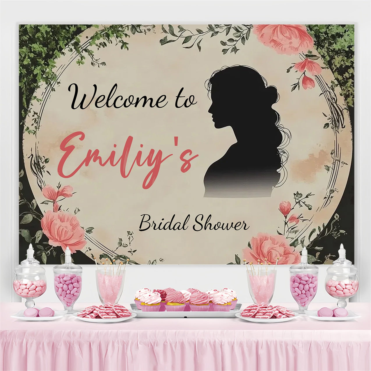 Bridal Shower Fotohintergrund Silhouette Rosa Rose Customized Hintergrund CSH3-283