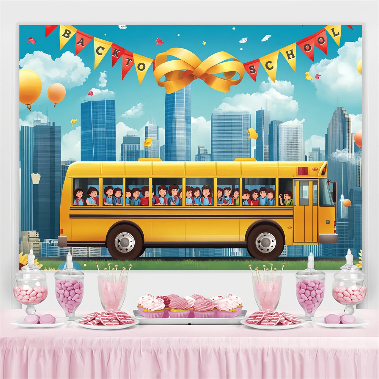 Backdrop für Back To School Gelber Schulbus Stadtbild Hintergrund CSH3-55