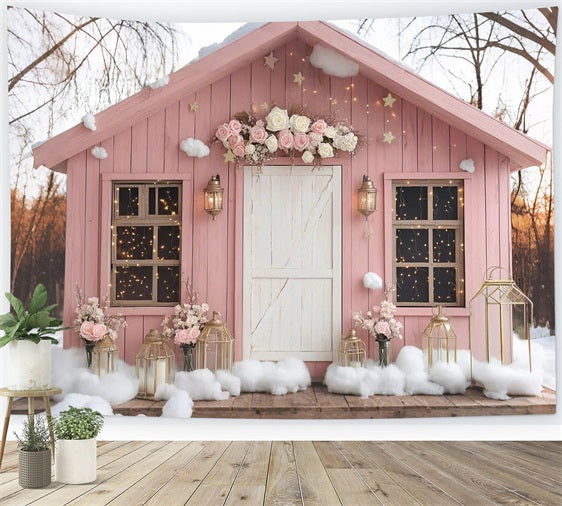 Rosa Scheune Backdrop Haus Schnee Blumen Backdrop CSH4-226