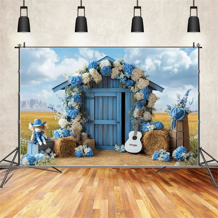 Scheune Fotohintergrund Blau Floral Landleben Hintergrund CSH4-231