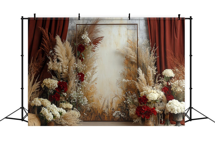 Boho Backdrop Rustikaler roter Vorhang Floraler Foto Hintergrund CSH57-298