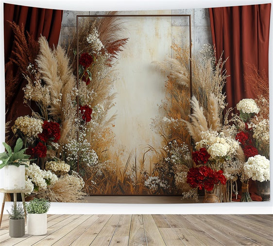 Boho Backdrop Rustikaler roter Vorhang Floraler Foto Hintergrund CSH57-298
