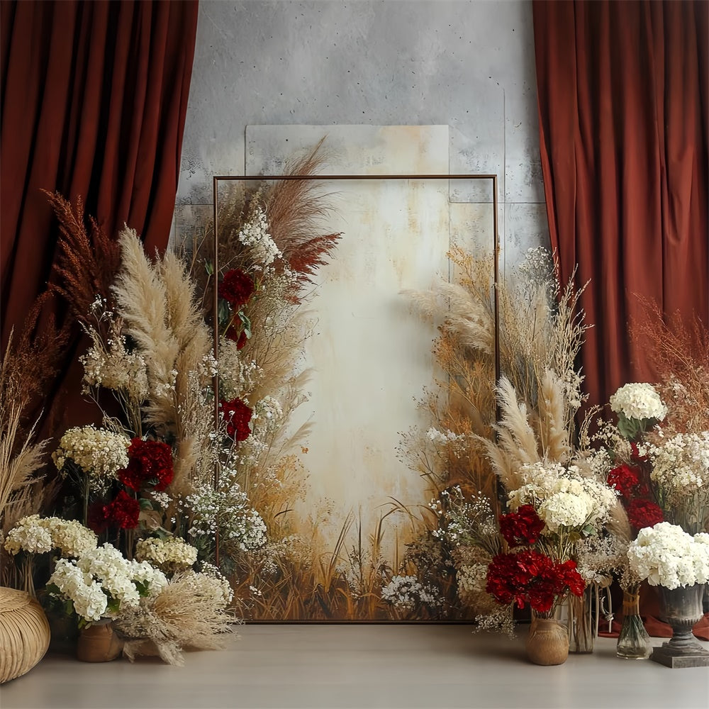 Boho Backdrop Rustikaler roter Vorhang Floraler Foto Hintergrund CSH57-298