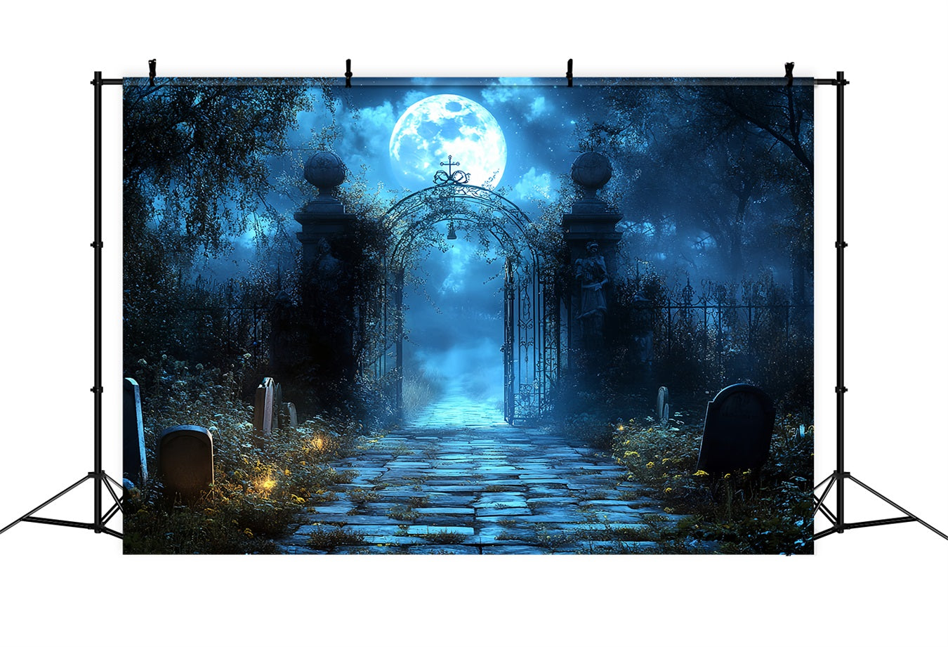 Friedhofskulisse Blauer Mond Friedhofsbogen Halloween Fotokulissen CSH58-100