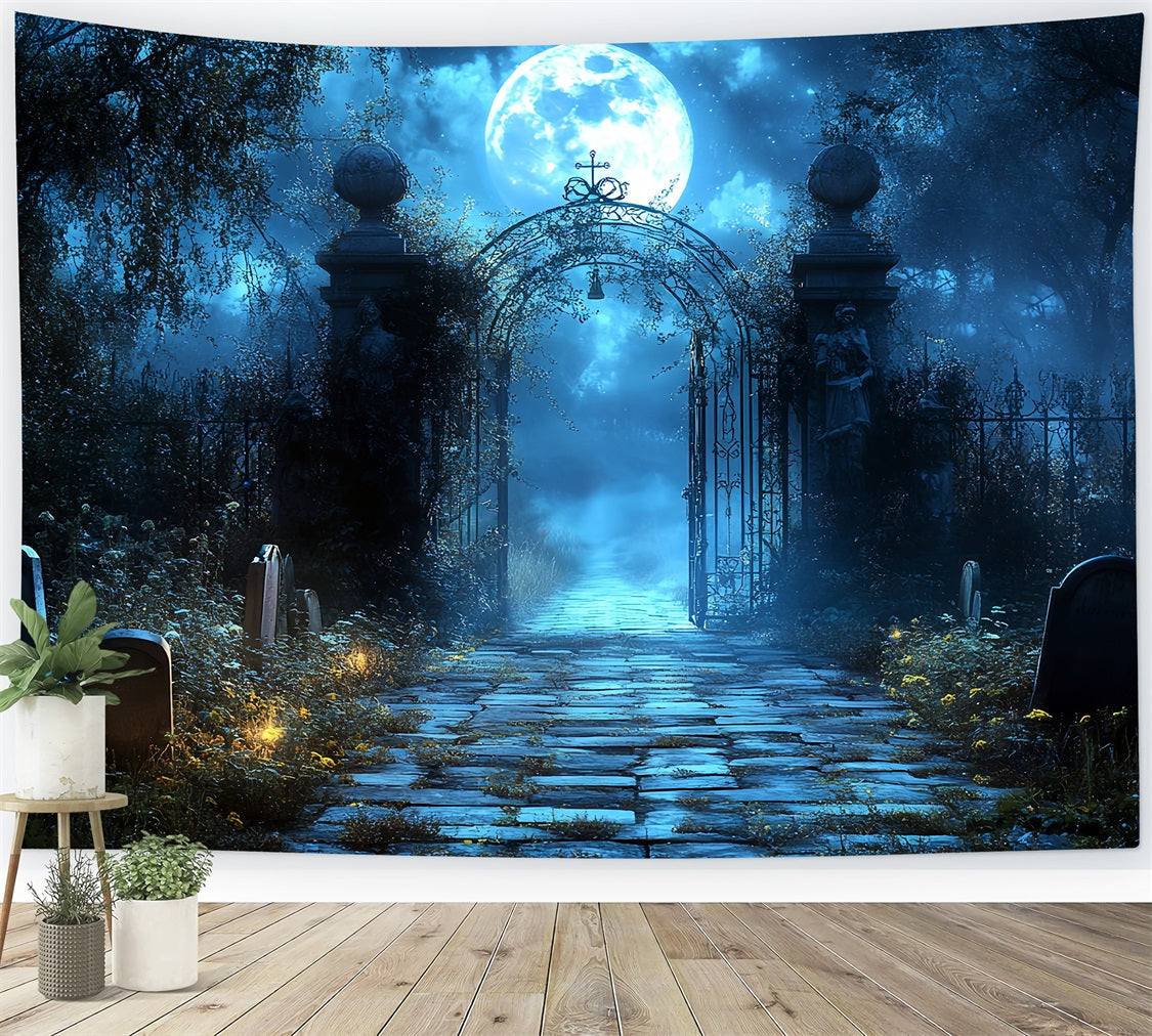 Friedhofskulisse Blauer Mond Friedhofsbogen Halloween Fotokulissen CSH58-100