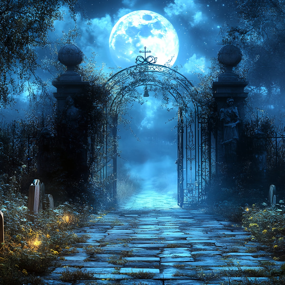 Friedhofskulisse Blauer Mond Friedhofsbogen Halloween Fotokulissen CSH58-100