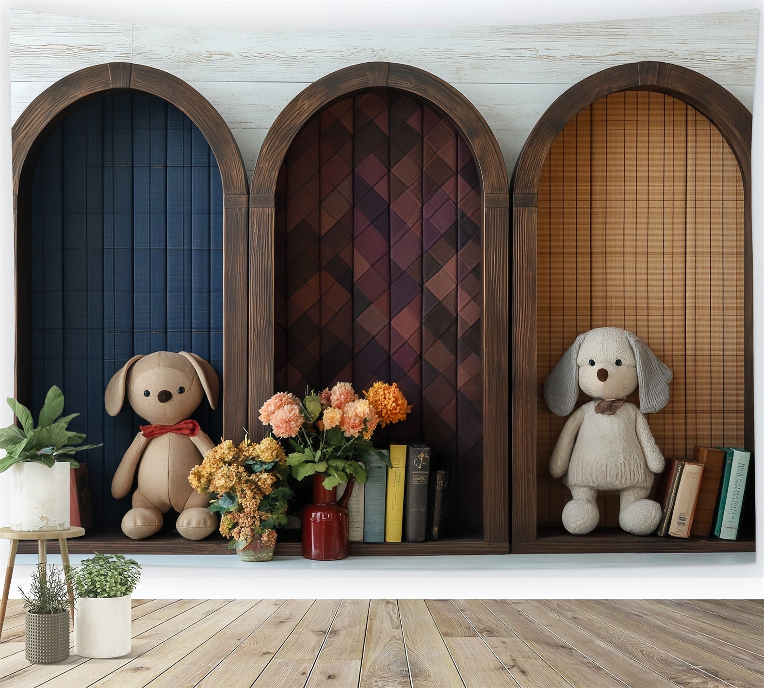 Bücherregal Studio Hintergrund Gewölbtes Regal Plüschtiere Bücher Back to School Studio Hintergrund CSH58-121