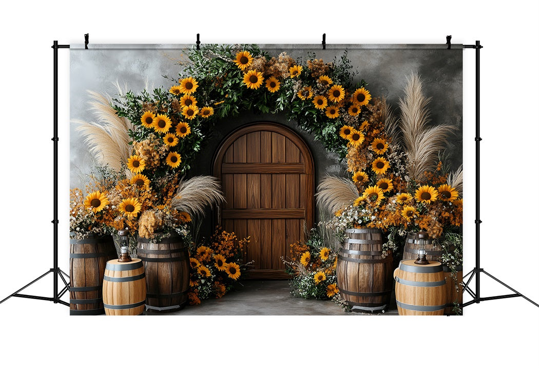 Sonnenblumen Foto Hintergrund Holztür Fass Rustikaler Bogen Thanksgiving Foto Hintergrund-Ideen CSH58-127