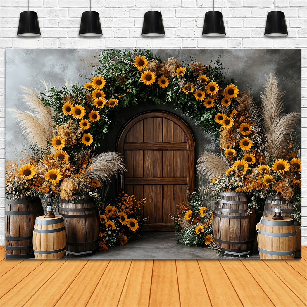 Sonnenblumen Foto Hintergrund Holztür Fass Rustikaler Bogen Thanksgiving Foto Hintergrund-Ideen CSH58-127