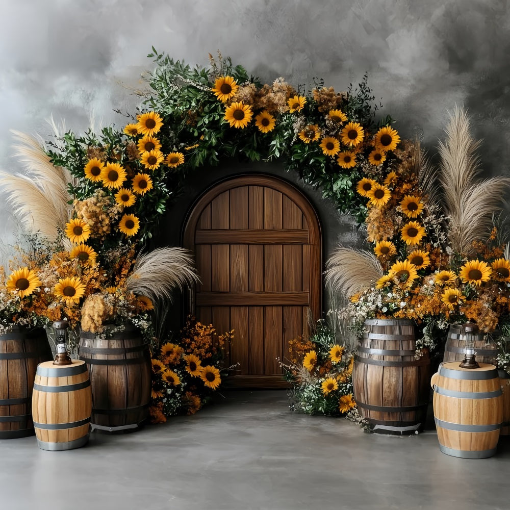 Sonnenblumen Foto Hintergrund Holztür Fass Rustikaler Bogen Thanksgiving Foto Hintergrund-Ideen CSH58-127
