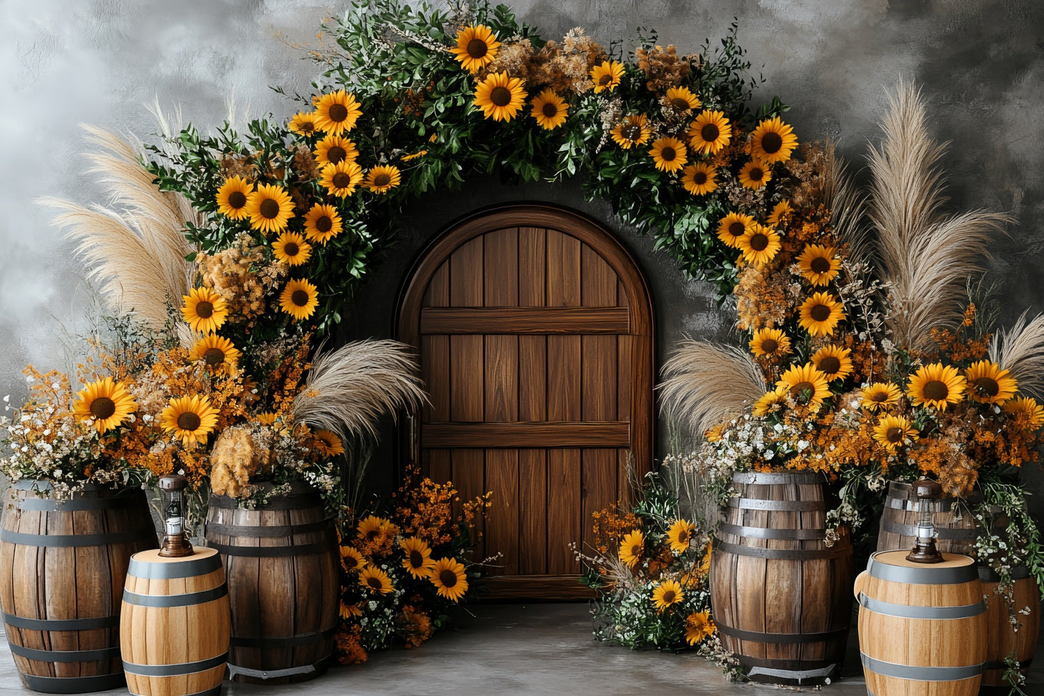 Sonnenblumen Foto Hintergrund Holztür Fass Rustikaler Bogen Thanksgiving Foto Hintergrund-Ideen CSH58-127