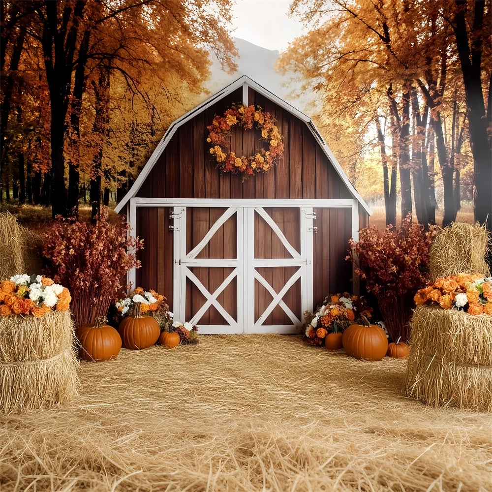 Herbstlicher rustikaler Foto Hintergrund Rustikale Scheune Kürbisernte Herbsthintergrund CSH58-222
