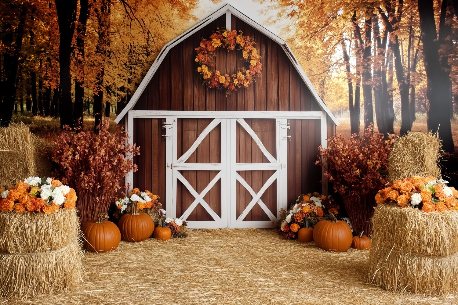 Herbstlicher rustikaler Foto Hintergrund Rustikale Scheune Kürbisernte Herbsthintergrund CSH58-222
