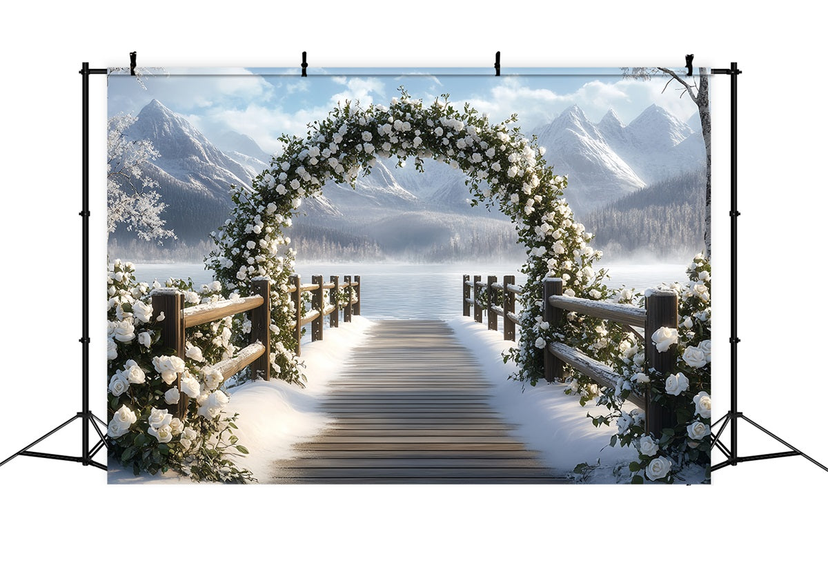 Winter Mountain Backdrop Schneey Rose Arch by Mountain Lake Winterszene Backdrop CSH58-23
