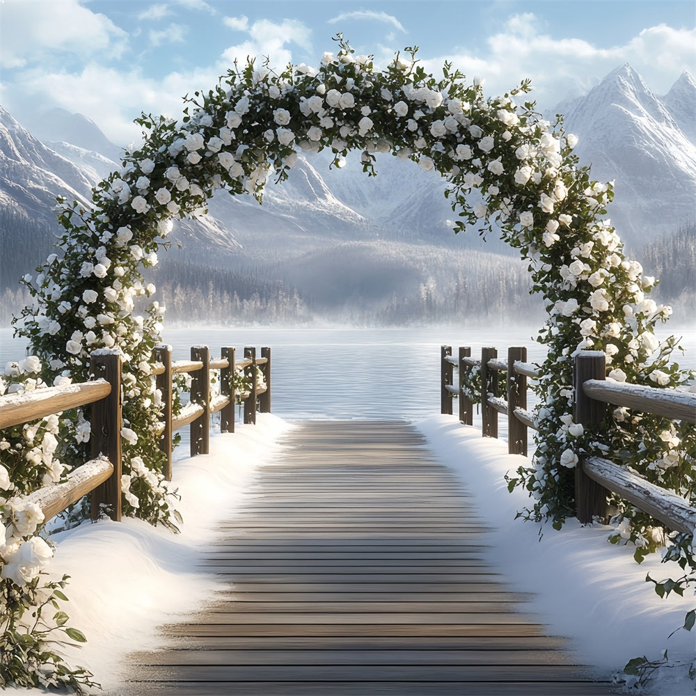 Winter Mountain Backdrop Schneey Rose Arch by Mountain Lake Winterszene Backdrop CSH58-23
