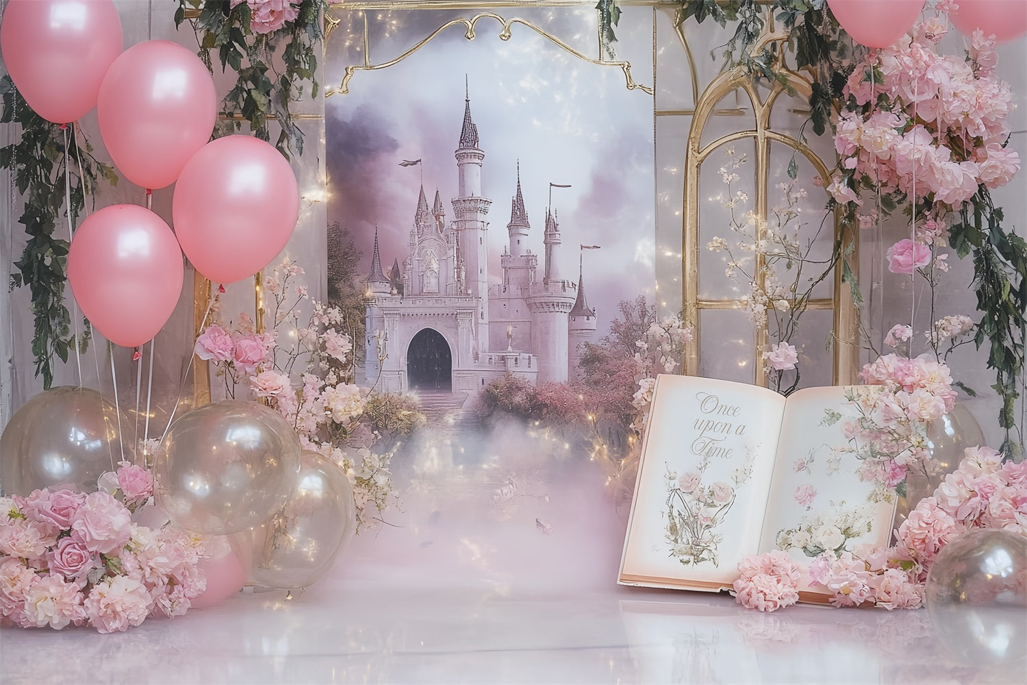 Es war einmal Fotohintergrund Rosa Schloss Ballons Traumbuch Neugeborenenhintergrund CSH58-236