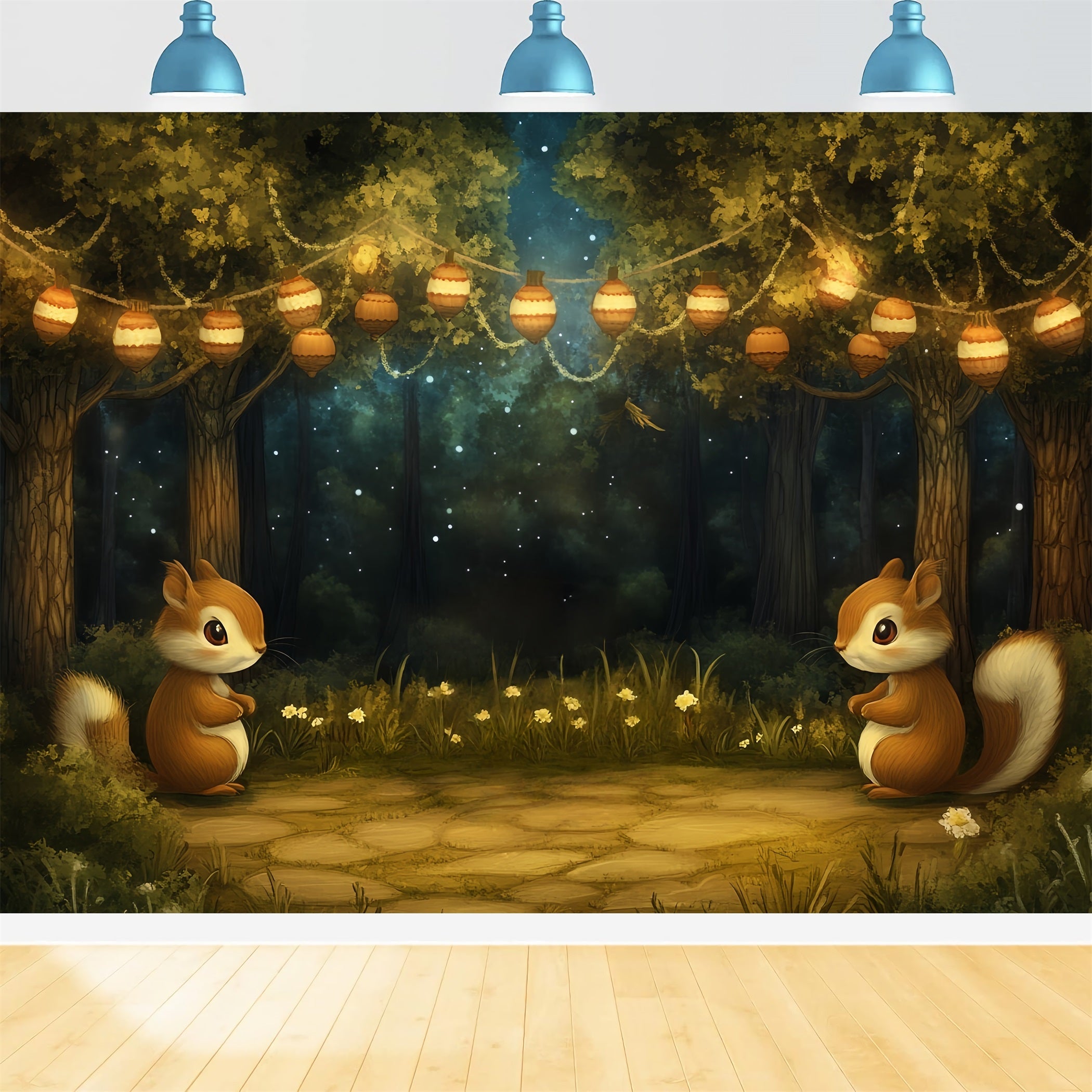 Neugeborenen-Fotohintergrund Süßes Waldhörnchen mit Laterne bei Nacht CSH58-240
