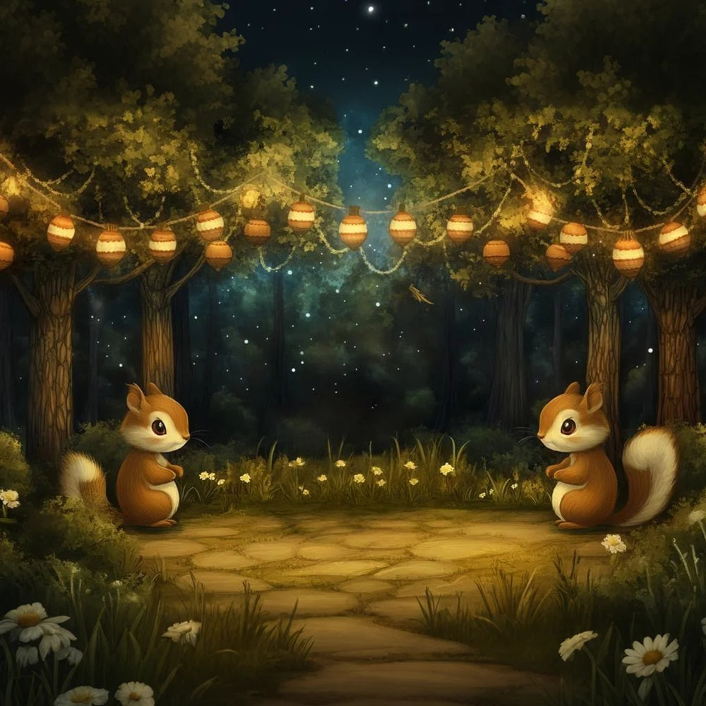 Neugeborenen-Fotohintergrund Süßes Waldhörnchen mit Laterne bei Nacht CSH58-240