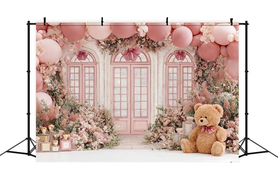 Kinder Fotohintergrund Süßer rosa Teddy mit Blumenballons CSH58-241