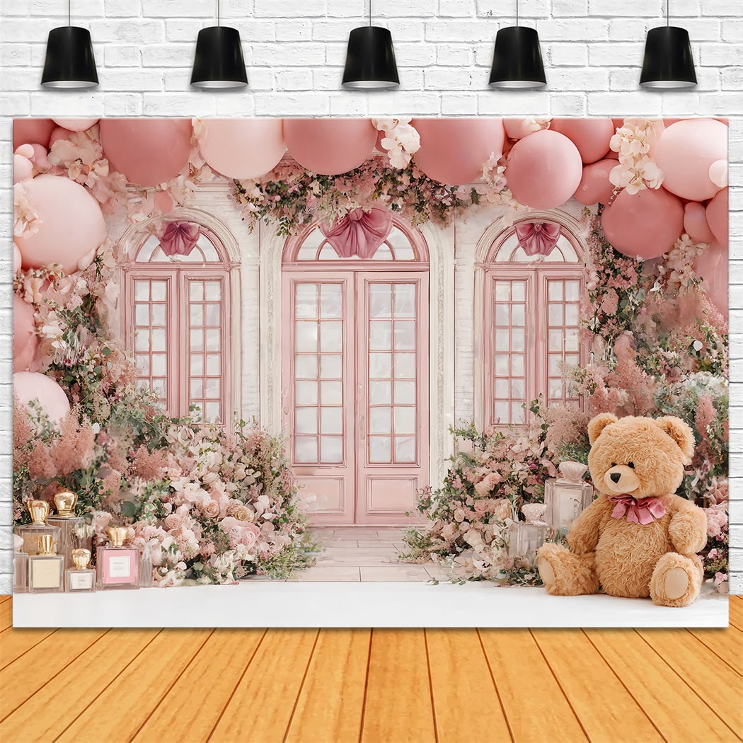 Kinder Fotohintergrund Süßer rosa Teddy mit Blumenballons CSH58-241