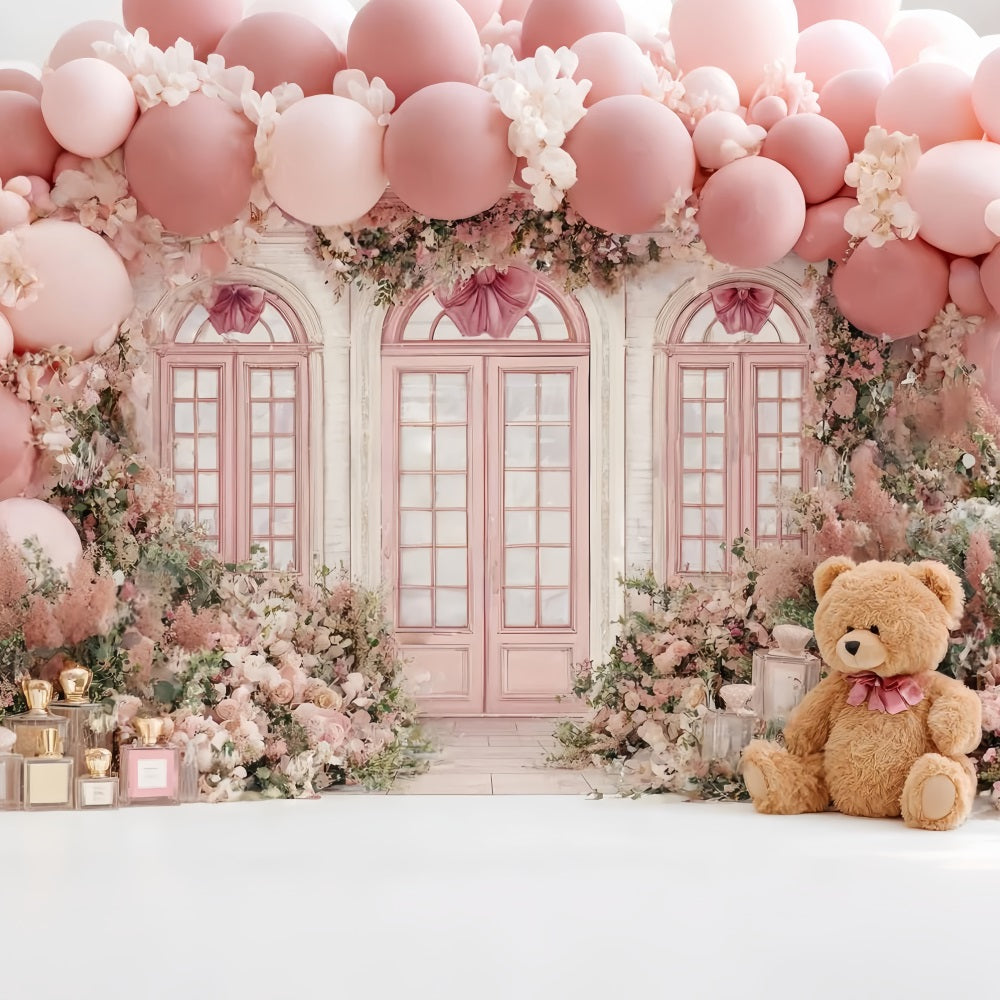 Kinder Fotohintergrund Süßer rosa Teddy mit Blumenballons CSH58-241