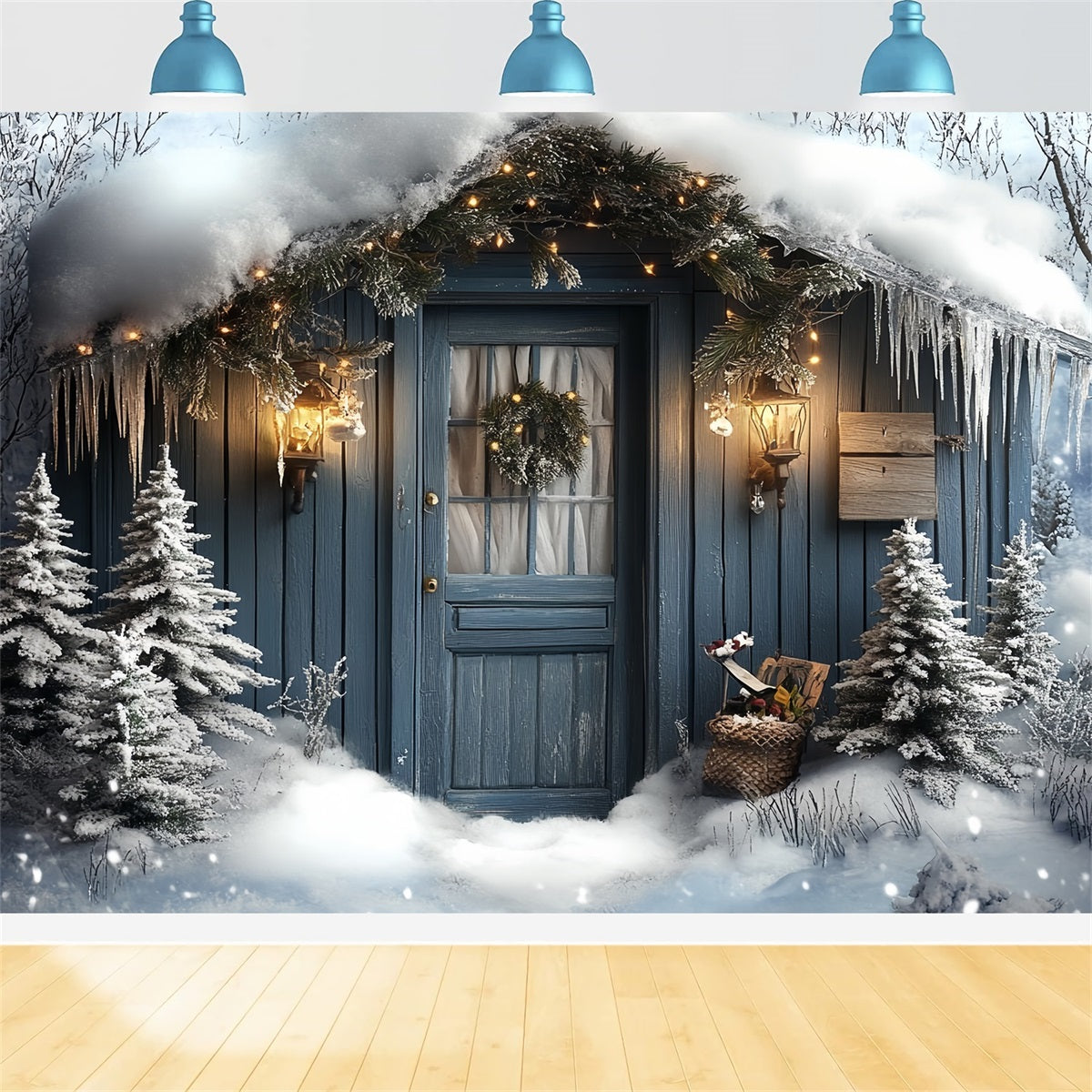 Nordpol Fotohintergrund verschneite Hüttentür mit Laternenschein Winterurlaub Fotohintergrund CSH58-37