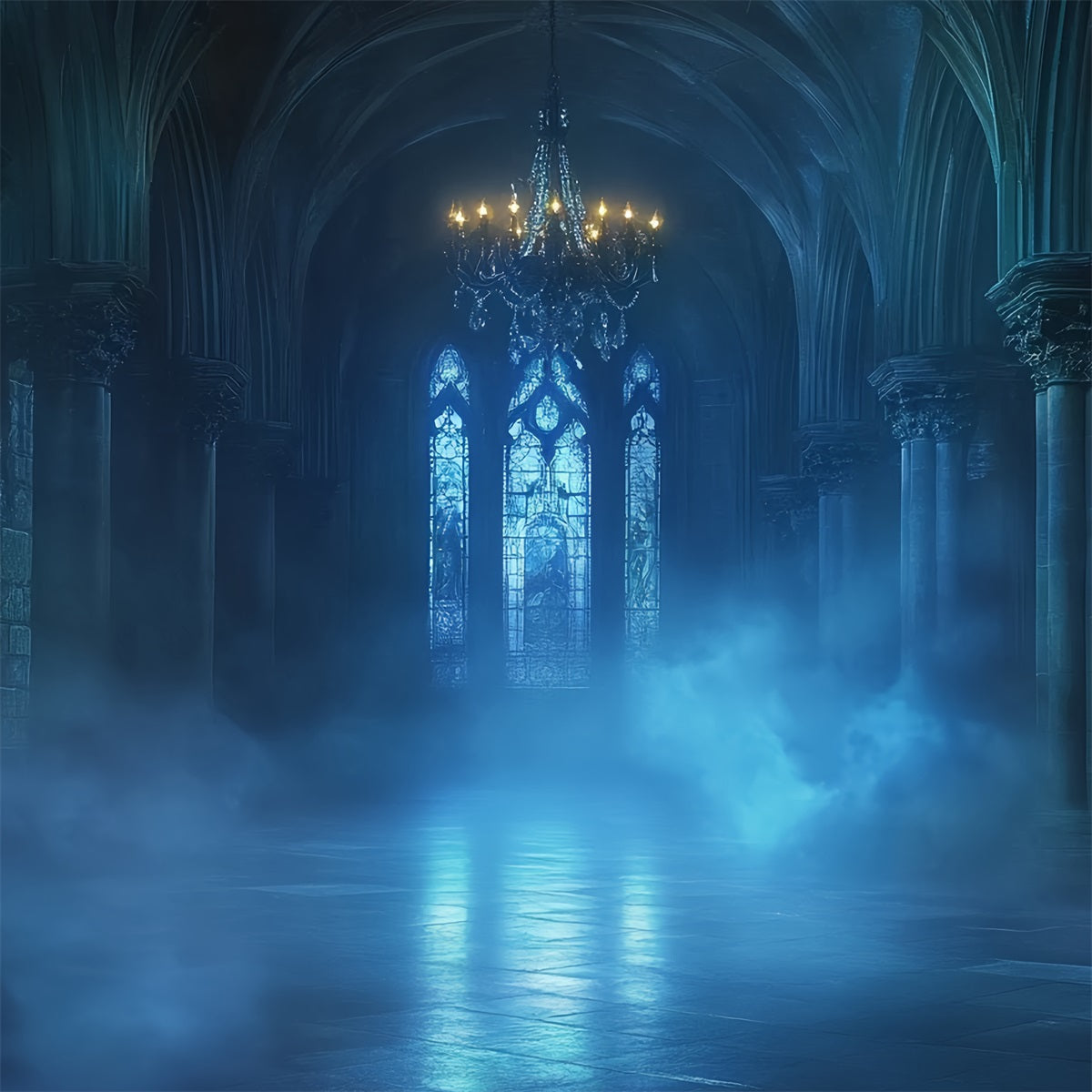 Gothic Backdrop Blauer Nebel Kathedrale Glühen Halloween Fotohintergrund CSH58-47