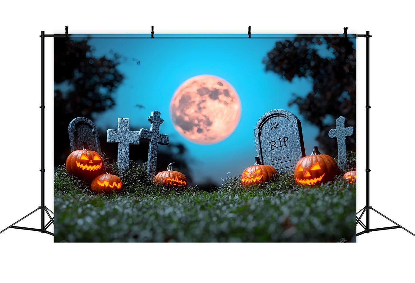 MondFotohintergrund Friedhofskürbisse Vollmond Halloween Fotokulisse CSH58-69