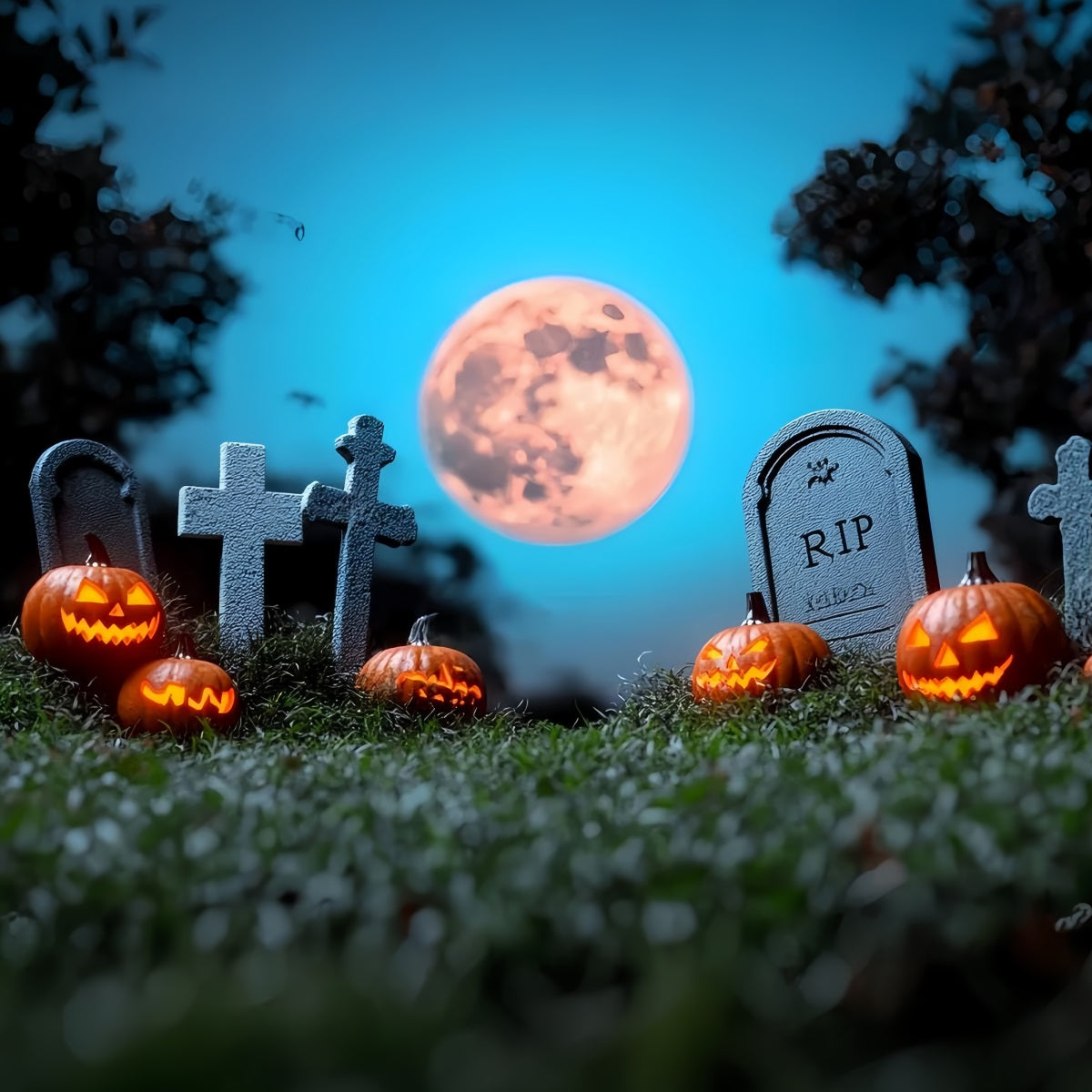 MondFotohintergrund Friedhofskürbisse Vollmond Halloween Fotokulisse CSH58-69