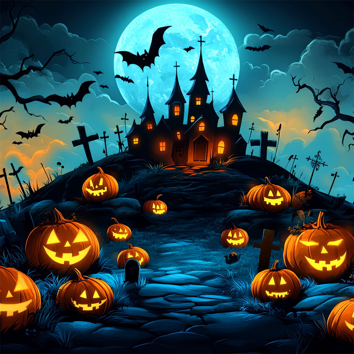 MondFotohintergrund Kürbishügel Spukschloss Halloween Backdrop Ideen CSH58-70