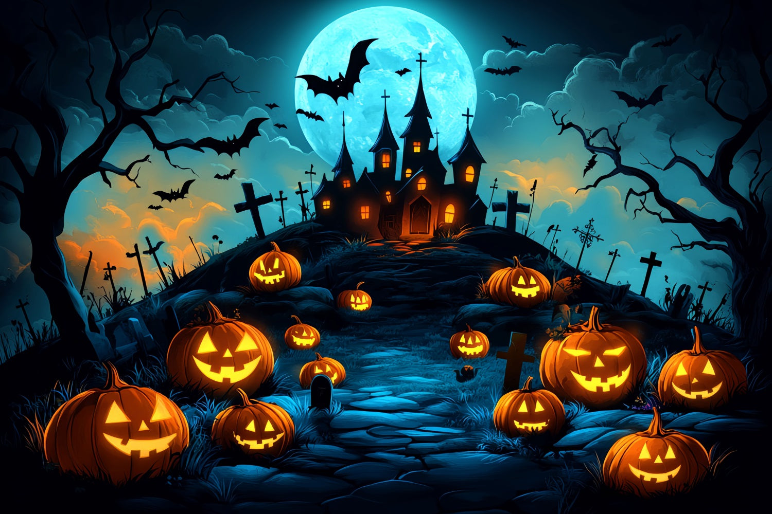 MondFotohintergrund Kürbishügel Spukschloss Halloween Backdrop Ideen CSH58-70