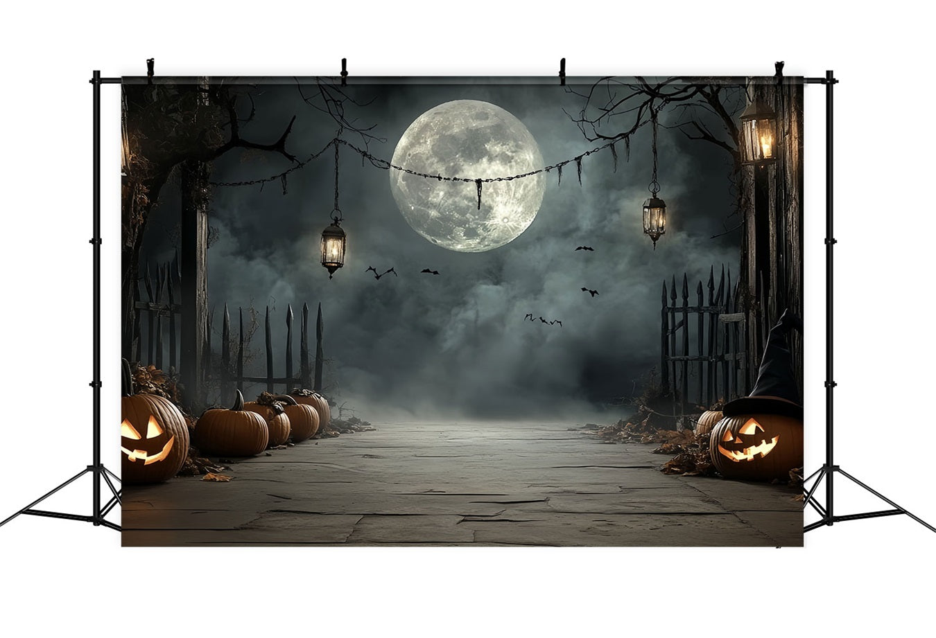 MondFotohintergrund Kürbislaterne mondbeschienener Pfad Halloween-Fotohintergrundideen CSH58-72