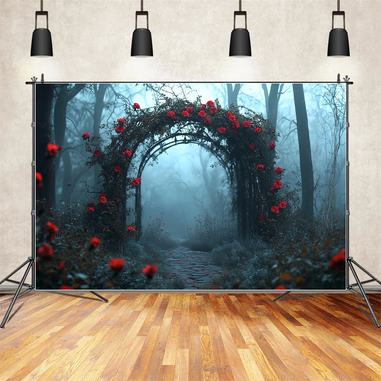 Dunkle Fotohintergrundkulisse Rote Rose Gotischer Torbogen Halloween Fotokulissen CSH58-80