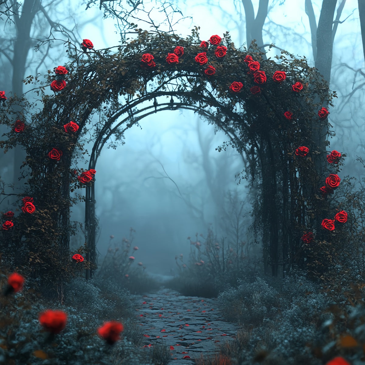 Dunkle Fotohintergrundkulisse Rote Rose Gotischer Torbogen Halloween Fotokulissen CSH58-80