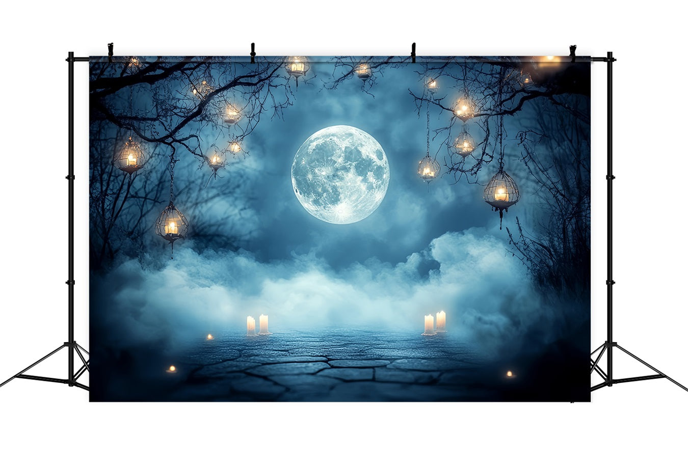 Nacht Himmel Fotohintergrund Vollmond Nebel Laterne Kerzen Halloween Studio Hintergrund CSH58-87