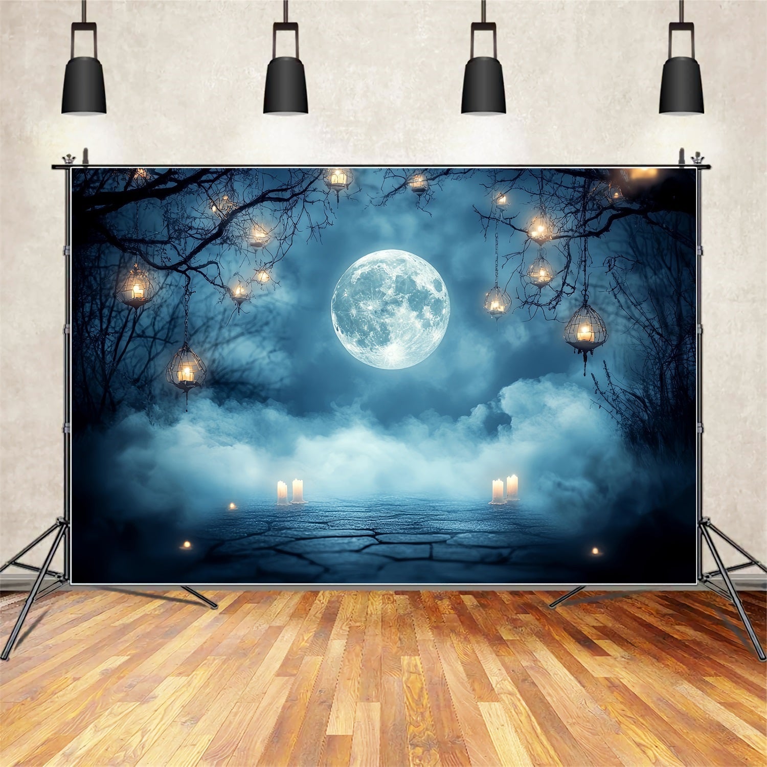 Nacht Himmel Fotohintergrund Vollmond Nebel Laterne Kerzen Halloween Studio Hintergrund CSH58-87