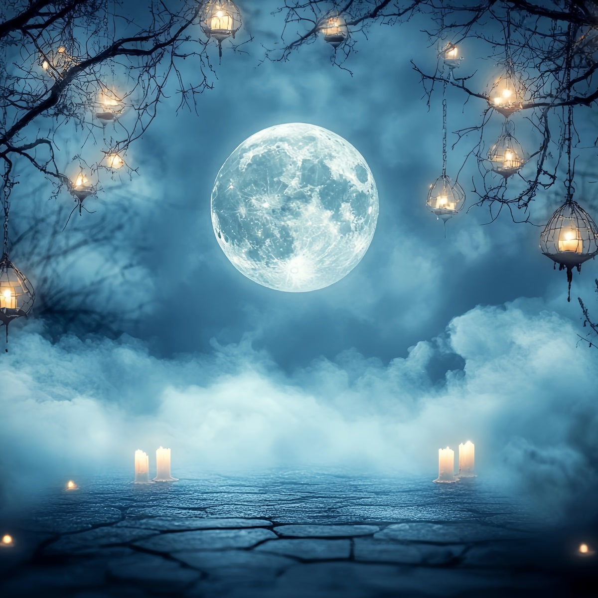 Nacht Himmel Fotohintergrund Vollmond Nebel Laterne Kerzen Halloween Studio Hintergrund CSH58-87