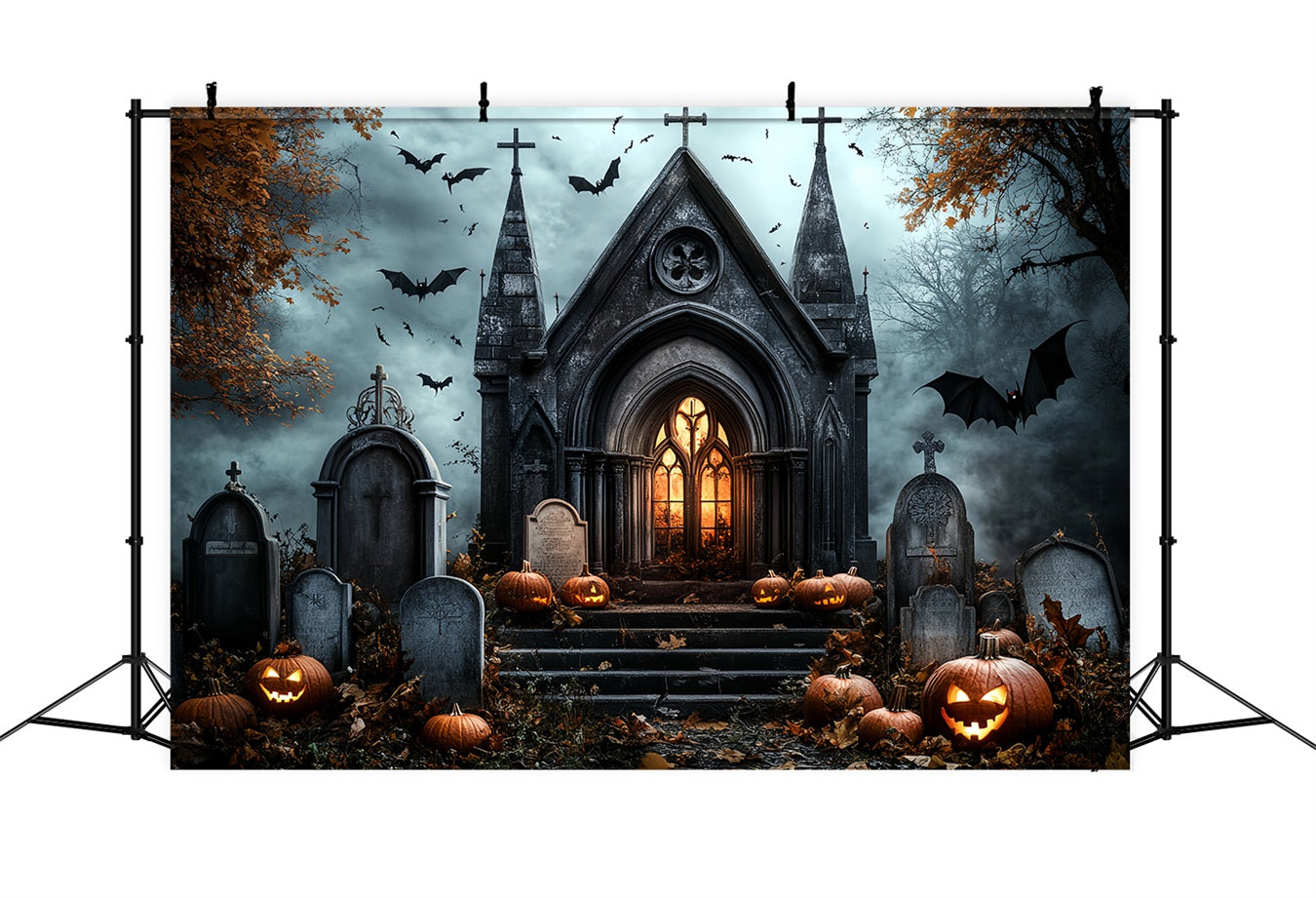 Friedhof Backdrop Gothic Kirche Kürbisse Fledermäuse Grabsteine Halloween Studio Hintergrund CSH58-89