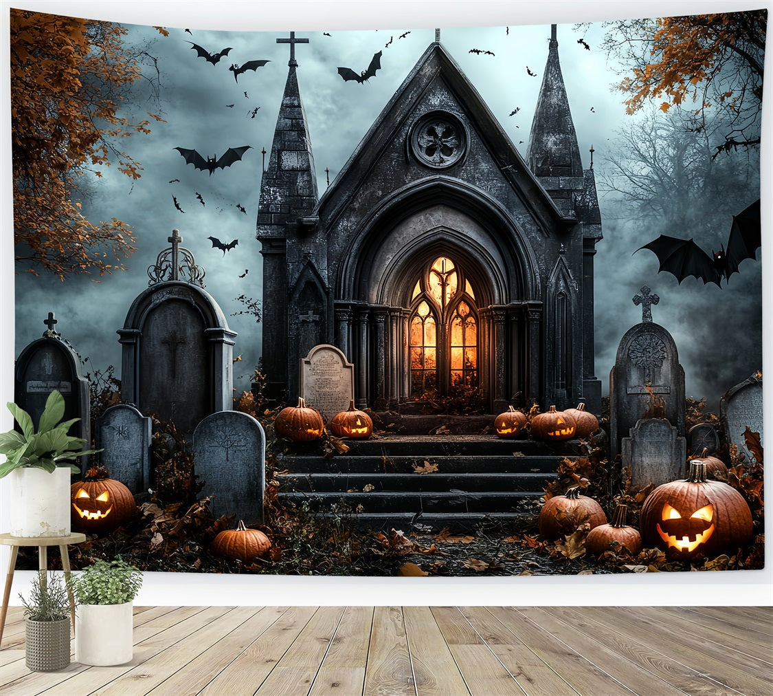 Friedhof Backdrop Gothic Kirche Kürbisse Fledermäuse Grabsteine Halloween Studio Hintergrund CSH58-89