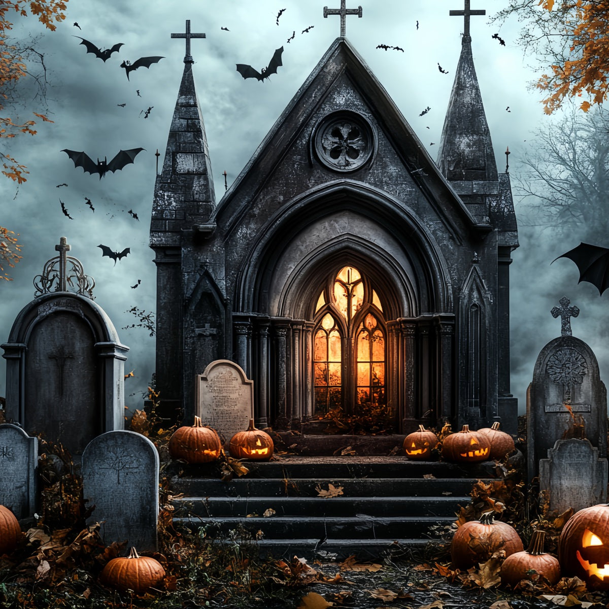 Friedhof Backdrop Gothic Kirche Kürbisse Fledermäuse Grabsteine Halloween Studio Hintergrund CSH58-89