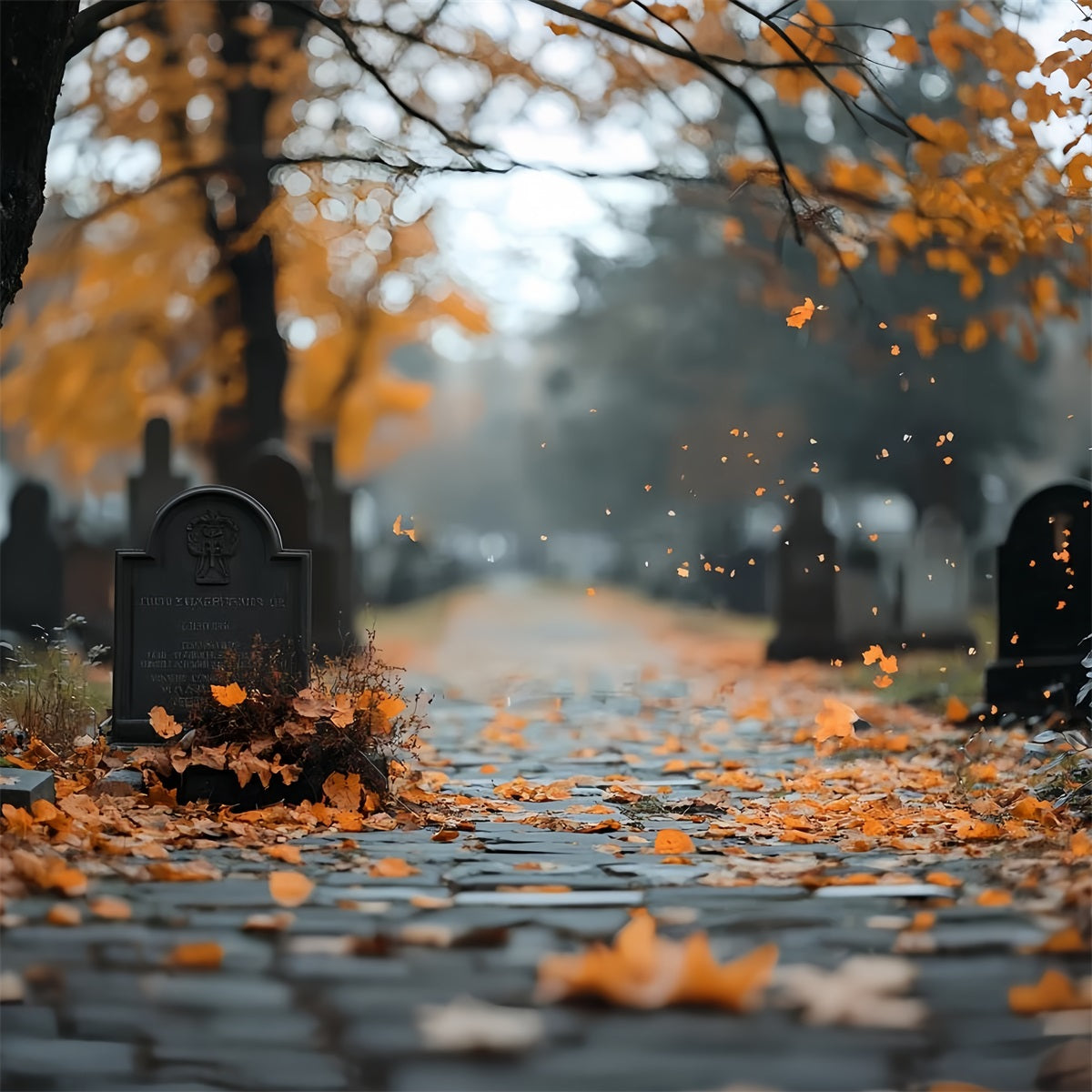Friedhofs-Fotohintergrund Herbstblätter Grabweg Halloween-Fotohintergrund CSH58-91