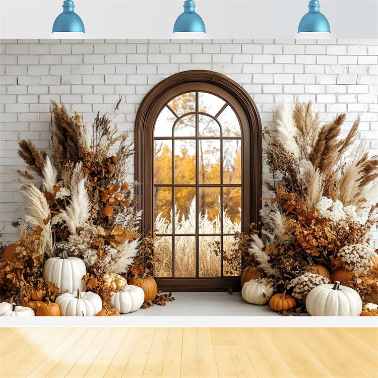 Boho Fotohintergrund Ziegelstein Kürbis Veranda Herbst Hintergründe CSH6-184