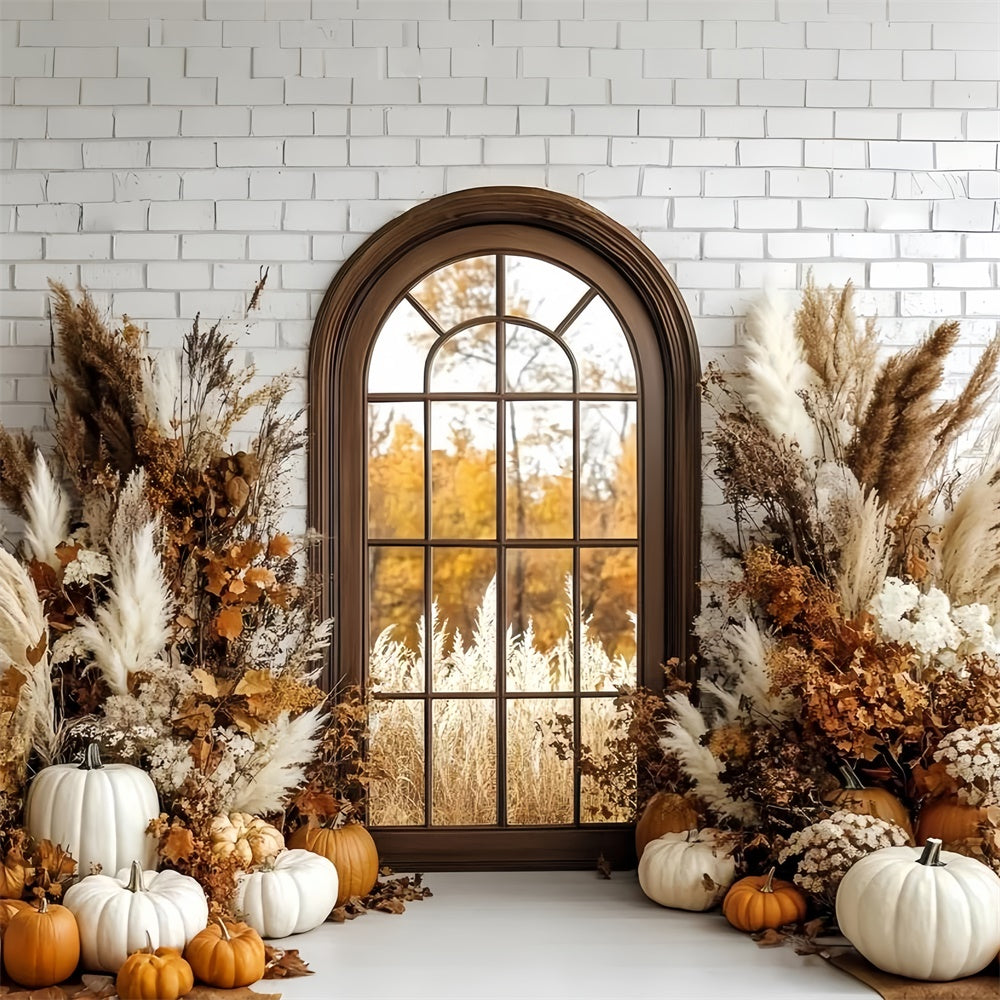Boho Fotohintergrund Ziegelstein Kürbis Veranda Herbst Hintergründe CSH6-184